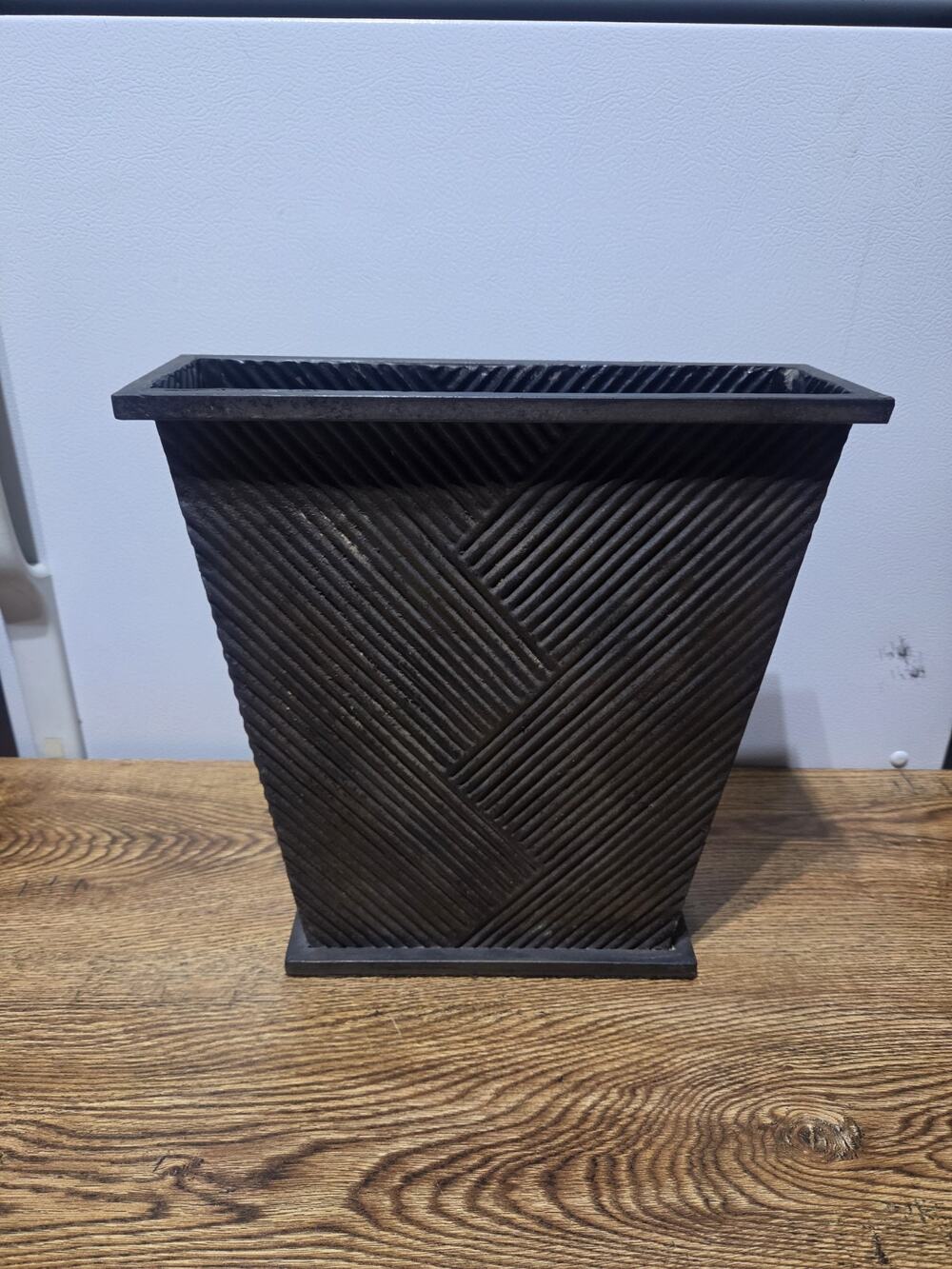 Rustic Rectangular Metal Container Tapered At Bottom Faux Plants Umbrella Porch
